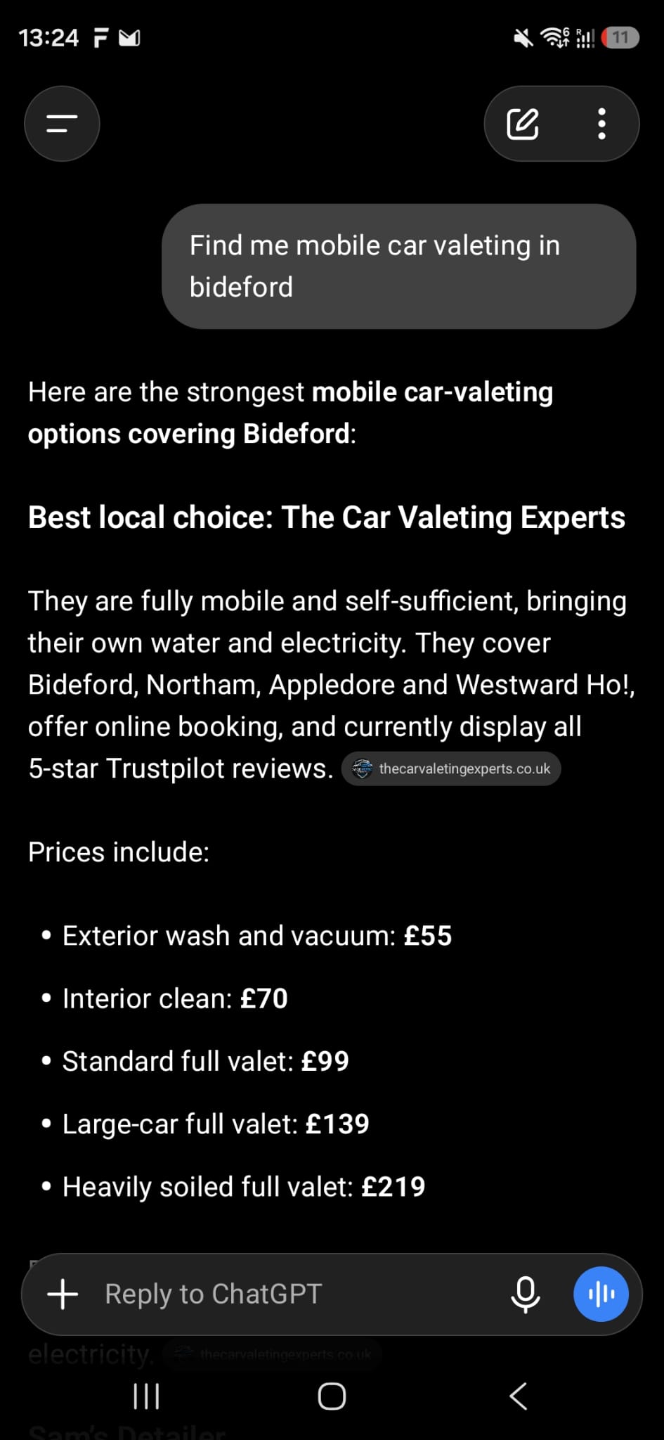 ChatGPT recommending The Car Valeting Experts as the best local choice for mobile car valeting in Bideford
